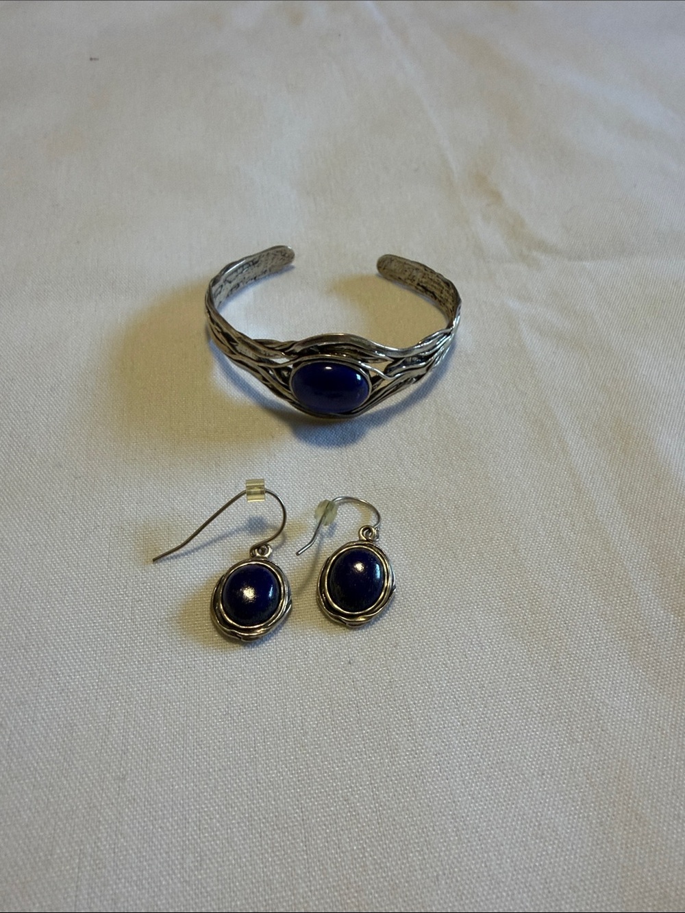 Or Paz Silver Cuff Bracelet and Drop Earrings with Royal Blue Stones